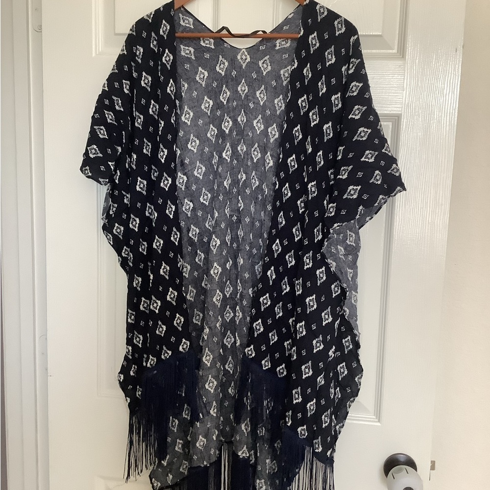 NWT BP Nordstrom Wrap Kimono Cardigan Navy White Ikat Fringe OS